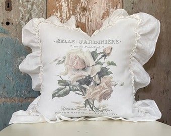 French White Rose Ruffle Pillow Cover, Farmhouse Linen Pillow Cover, Shabby French Country Decor, Cottage Chic Decor, Gift for Her.