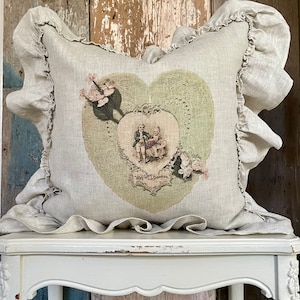 Victorian Heart Beige Ruffle Pillow Cover, Valentine&#39;s Day Shabby Cottage Chic, Romantic Farmhouse Decor.