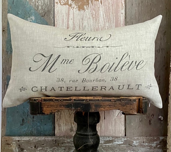 French Script Beige Linen Lumbar Pillow French Farmhouse Cushion Shabby Bedroom Decor French Country Cottage Home 12 X 20 Etsy