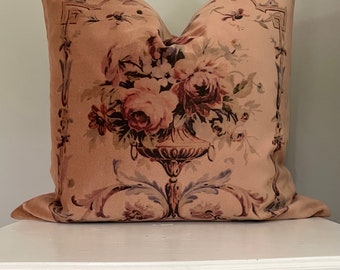 Tan Velvet Tapestry Print Pillow Cover, Decorative Farmhouse Throw Pillow, French Country Antique Decor, Cottage Chic, 18" x 18".
