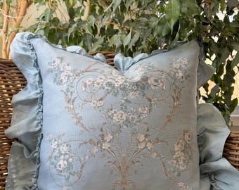 Light Blue Floral Ruffle Pillow Cover, French Country Pillow Cover. Shabby Decor Cottage Chic Decor, French Antiques.