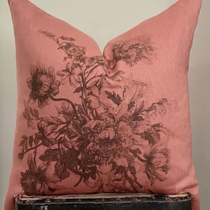 Rust Floral Linen Pillow Cover, Shabby French Country Rust Cushion Cover, Autumn Cottage Chic Rust Home Decor.
