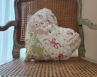 Pink Quilted Heart Pillow, Shabby Cottage Chic, Romantic Farmhouse Valentine’s Day Decor, 17” x 17”