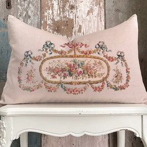 Beige Pink Aubusson Lumbar Pillow Cover, Shabby French Country Velvet Tapestry Print Cushion, Cottage Chic Home Decor, Antiques Farmhouse.