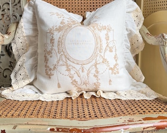 White and Beige French Linen Ruffle Pillow Cover with Crochet Trim, Shabby French Country Spring Home, Cottage Chic, 18” x 18”.