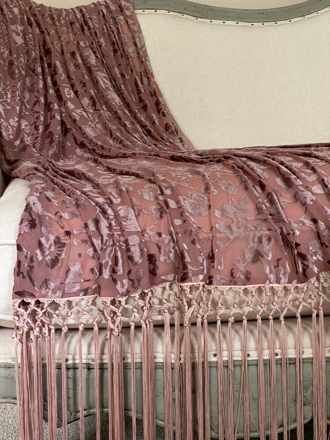 Dark Blush Pink Velvet Fringe Throw, Shabby Blanket, Fall Cottage Chic