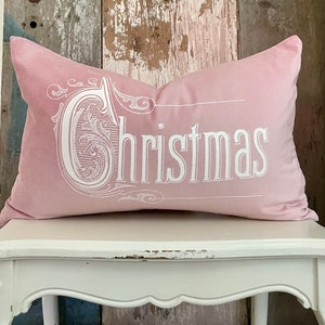 Pink Christmas Velvet Pillow Lumbar Cover, Shabby Cottage Chic Holiday Decor, Farmhouse Kitcsh.