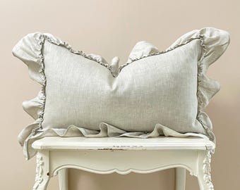 Solid Beige Ruffle Lumbar Pillow Cover, Farmhouse Linen Decor, Shabby French Country Cottage Chic Home.