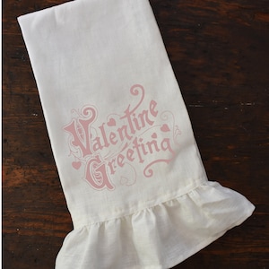 Valentine&#39;s Day Tea Towel, Cottage Chic Ruffle Dishtowel, Shabby Farmhouse Country Cottage Kitchen.