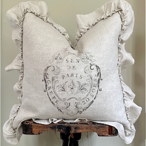 French Shield Beige Ruffle Linen Pillow Cover, Shabby French Country Fleur de Lis Pillow, Cottage Chic Decor, French Antiques, Gift for Her.