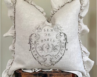 French Shield Beige Ruffle Linen Pillow Cover, Shabby French Country Fleur de Lis Pillow, Cottage Chic Decor, French Antiques, Gift for Her.