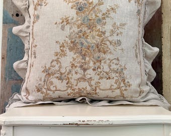 Beige and Blue Ruffle Linen Aubusson Pillow Cover, Shabby Farmhouse Tapestry Throw Pillow, French Country Decor, Cottage Chic, 20” x 20”