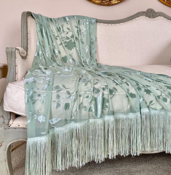 Seafoam Velvet Fringe Throw, Cottage Chic Blanket, Elegant Bed Scarf, Light Aqua Shabby French Country Decor, Romantic Throw.