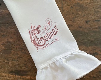 Christmas  Ruffle Linen Tea Towel, Vintage Holiday Decorations, Farmhouse Kitchen, Retro Decor.