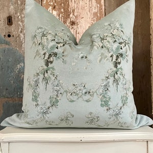 Seafoam Velvet Floral Pillow Cover, Shabby French Country Decor, Romantic Cottage Chic Cushion Cover, 18" x 18".