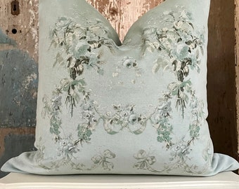 Seafoam Velvet Floral Pillow Cover, Shabby French Country Decor, Romantic Cottage Chic Cushion Cover, 18" x 18".