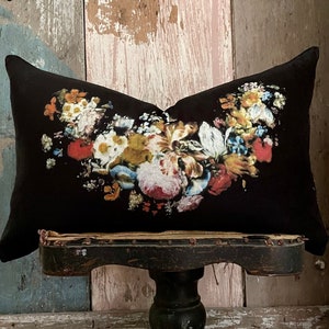 Black Floral Velvet Lumbar Pillow Cover, Vintage Decorative Throw Pillow, French Country Decor, Cottage Chic, 12” x 20”, Gift for Her