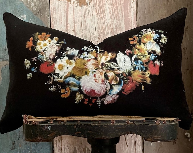 Black Floral Velvet Lumbar Pillow Cover Vintage Decorative Etsy