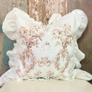 Antique Floral Ruffle Pillow Cover, Cottage Chic Linen Cushion, Shabby French Country Farmhouse Summer Decor, Neutral Print.