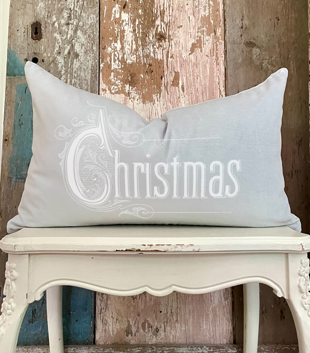 Light Blue Christmas Velvet Pillow Lumbar Cover, Shabby Cottage Chic