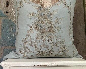 Seafoam Aubusson Linen Pillow Cover, Antique Farmhouse Throw Pillow, French Country Decor, Cottage Chic.