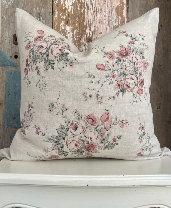 Beige Floral Linen Pillow Cover Decorative Shabby Farmhouse - Etsy