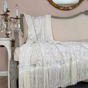 Cream White Velvet Fringe Throw, Cottage Chic Blanket, Elegant Bed Scarf, Cloud Dancer Shabby French Country Decor, Romantic Throw.