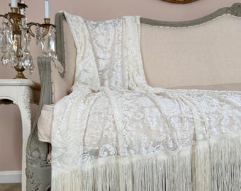 Cream White Velvet Fringe Throw, Cottage Chic Blanket, Elegant Bed Scarf, Cloud Dancer Shabby French Country Decor, Romantic Throw.