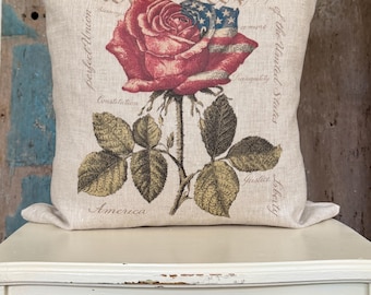 Beige USA Patriotic Rose Pillow Cover, Red White and Blue Linen Pillow, Vintage Flag Americana Decor, Farmhouse Rustic Country.