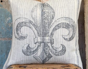 Fleur de Lis Striped Linen Pillow Cover, Grain Sack French Country Decor, Farmhouse Rustic Country Home, 20” x 20”.