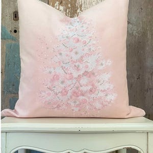 Pink Christmas Tree Velvet Pillow Cover, Shabby Cottage Chic Holiday Decor, Farmhouse Kitcsh Pinkmas.
