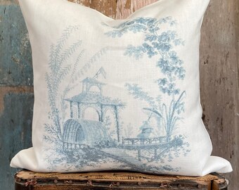 Chinoiserie Pagoda Linen Throw Pillow Cover, Asian Cushion Case, Pillowcase Slip, French Country Decor.