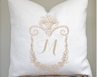 Linen Initial Pillow Cover, Personalized Cushion, French Country Farmhouse Rustic Country, Custom Gift for Her.