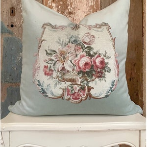 Seafoam Velvet Aubusson Pillow Cover, Shabby French Country Decor, Floral Shield Cottage Chic Cushion Cover, 18" x 18".