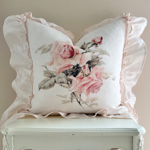 Blush Pink Rose Ruffle Pillow Cover, French Country Cushion Cover. Shabby Decor, Cottage Chic, Floral Summer Decor.