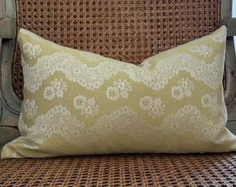Yellow and Cream Lace Jacquard Lumbar Pillow Cover, Shabby French Country Cottage Chic, 12” x 20”.