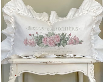 French Rose Ruffle Lumbar Pillow Cover, Farmhouse Linen Pillow Cover, Shabby French Country Decor, Cottage Chic Decor, Gift for Her.