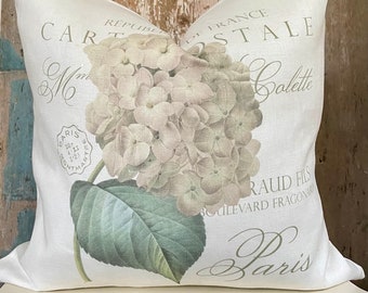 French Country Hydrangea Pillow Cover, Country Cottage Chic, Shabby Farmhouse Spring Linen Cushion, French Antiques.