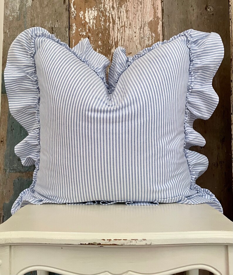 Blue and White Striped Ruffle Pillow Cover Cottage Chic Etsy