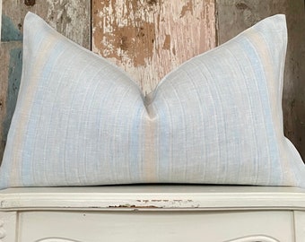 Stripe Linen Lumbar Pillow Cover, Beige and Light Blue Shabby French Country Pillow, French Farmhouse Antiques, Cottage Chic, 12” x 20”