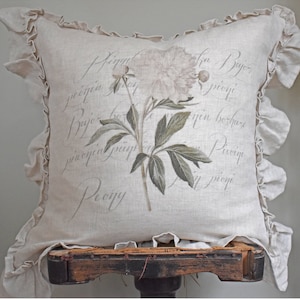Ruffle Linen Peony Pillow Cover, French Country Pillow Cover, Shabby French Antiques, Cottage Chic, Swedish Farmhouse.
