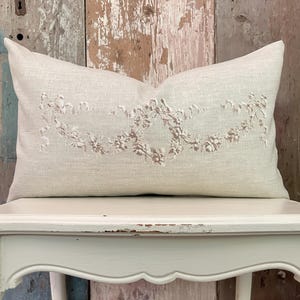 Beige Linen Lumbar Pillow Cover, Shabby French Country Pillow, French Antiques, Bows and Floral  Cottage Chic, 12&quot; x 20&quot;