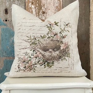 French Linen Nest Pillow Cover, Shabby Country Beige Cushion, Cottage Chic Home, French Farmhouse Antiques, Spring Decor.