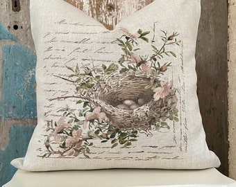 French Linen Nest Pillow Cover, Shabby Country Beige Cushion, Cottage Chic Home, French Farmhouse Antiques, Spring Decor.