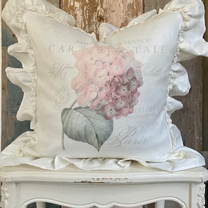 French Hydrangea Ruffle Pillow Cover, French Country Pillow Cover. Shabby Decor, Cottage Chic, French Antiques.
