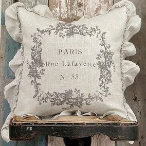 Ruffle Linen Paris Pillow Cover, Shabby French Country Pillow Cover, French Antiques, Cottage Chic.