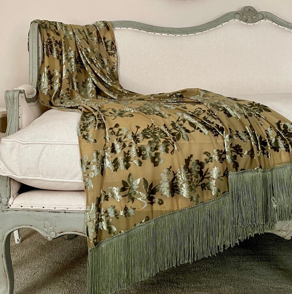 Olive and Sage Green Velvet Fringe Throw Elegant Bed Scarf - Etsy