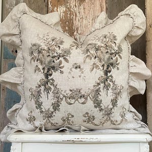 Beige Neutral Floral Ruffle Pillow Cover, French Country Pillow Cover. Shabby Decor, Cottage Chic, Tapestry Print.