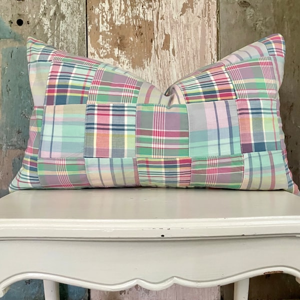 Madras Plaid Patchwork Lumbar Pillow Cover, Preppy Summer Cushion, Shabby French Country Farmhouse Decor, Cottage Chic, 12” x 20”