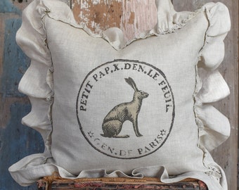 French Linen Rabbit Ruffle Pillow Cover, Shabby Country Cushion Cover, Easter Bunny, Cottage Chic.